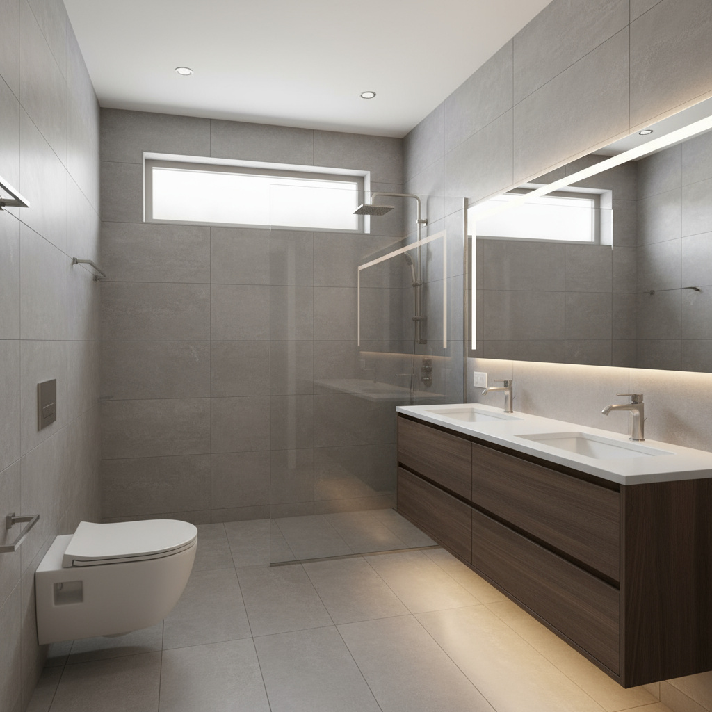 Contemporary bathroom with large-format tiles and glass shower enclosure