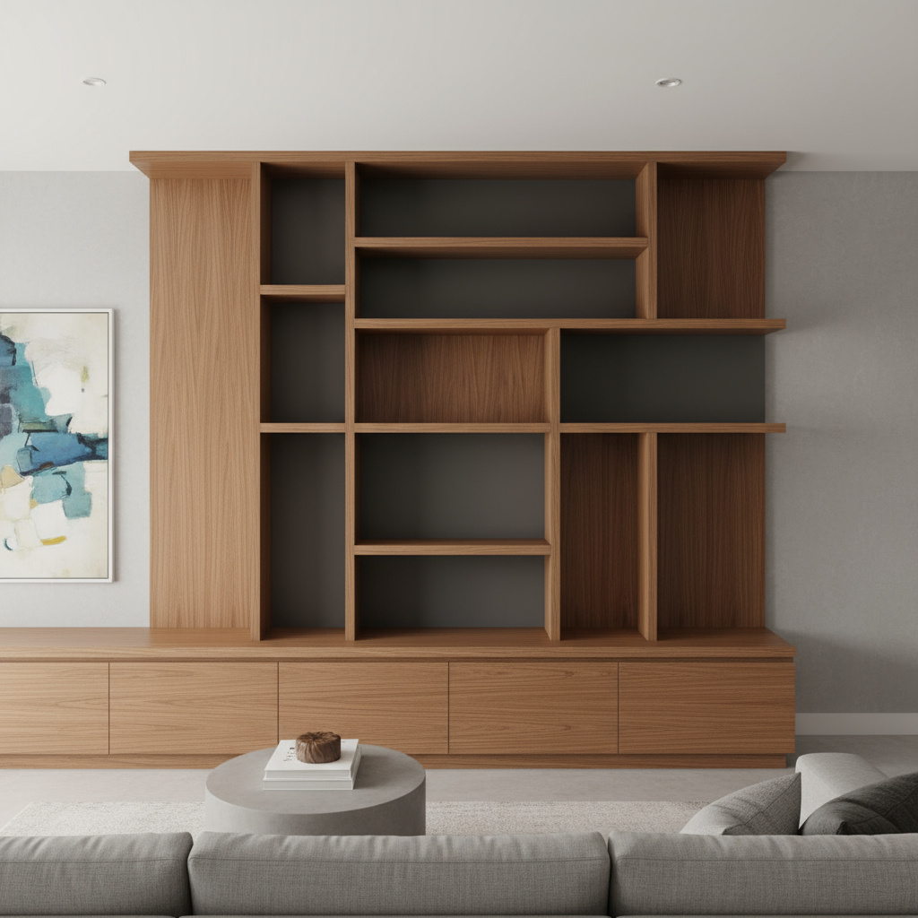 Custom joinery and cabinetry in a living room with built-in shelving