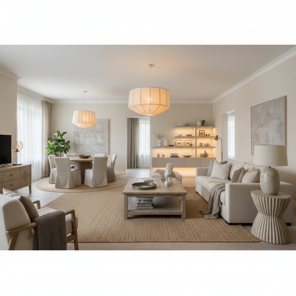 Interior design of open-plan living and dining area with layered lighting